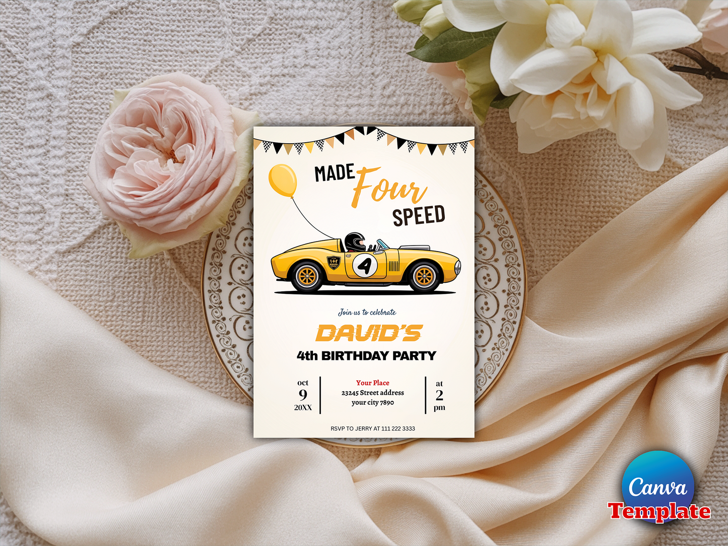 Editable Made Four Speed Race Car 4th Birthday Invitation Boy Vintage Yellow Race Car 4th Birthday Party Made 4 Speed Instant Download
