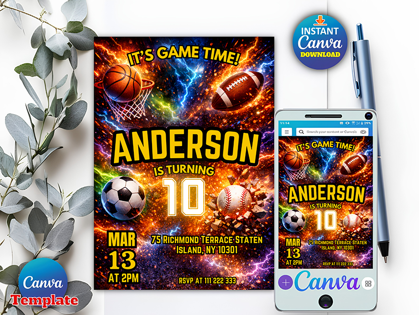 Editable Sports Birthday Party Invitation