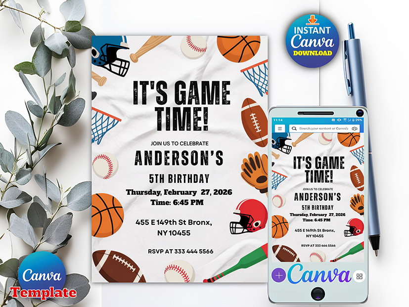Baseball Basketball Football Printable Sports Theme Invitation Template