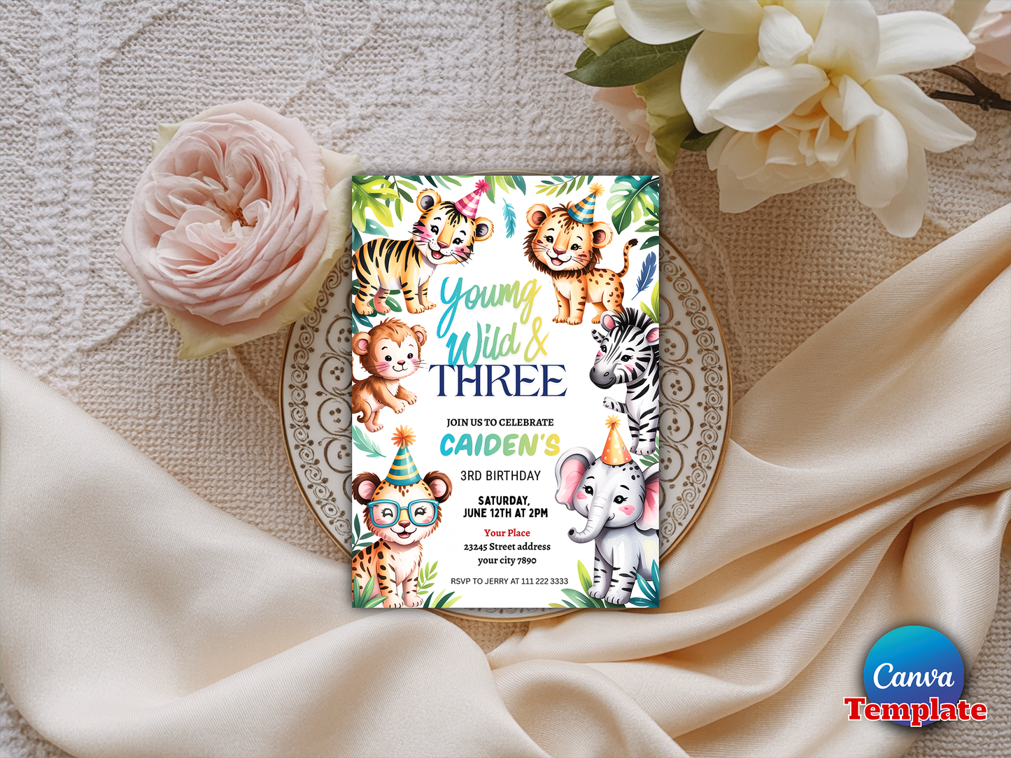 Editable Four Ever Wild Safari Animals Birthday Invitation Boy Tropical Cheetah Print Leopard Print Wild Safari Animals Party Download (Copy)