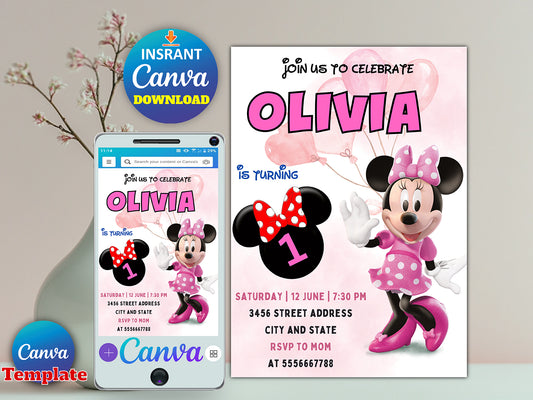 Editable Minnie Mouse Birthday Invitation(Printable)