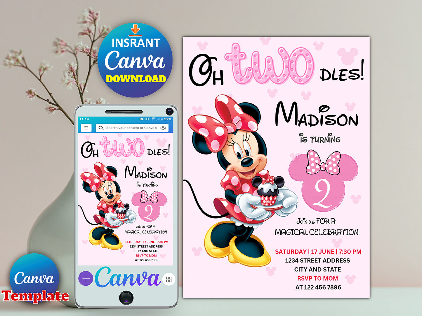 EDITABLE Oh TWOdles Minnie Mouse Birthday Invitation(Printable)