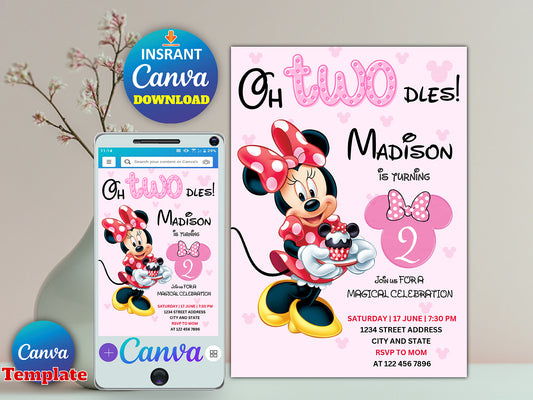 EDITABLE Oh TWOdles Minnie Mouse Birthday Invitation(Printable)