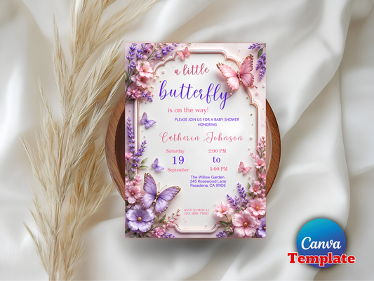 Editable Butterfly Baby Shower Invitation, Baby Shower Invite, Butterfly Invitation, Canva Template, Instant Download