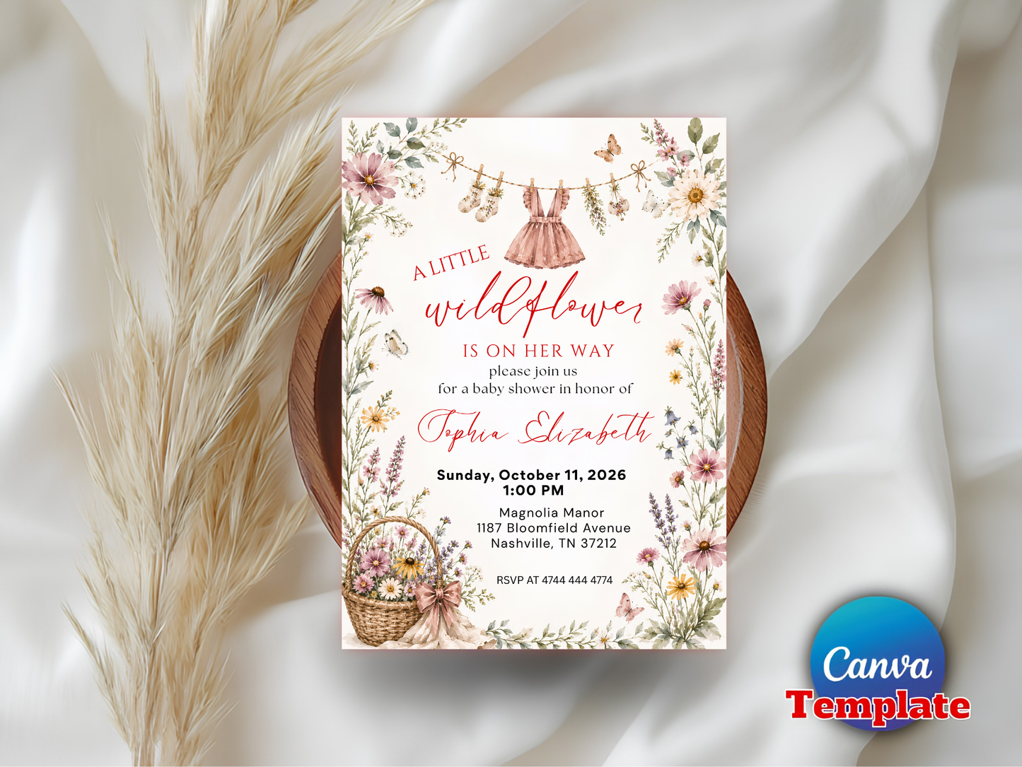 A Little Wildflower Baby Shower Invitation, Dress Wildflower Baby Shower Invite, Baby in Bloom, 5x7", Canva Template