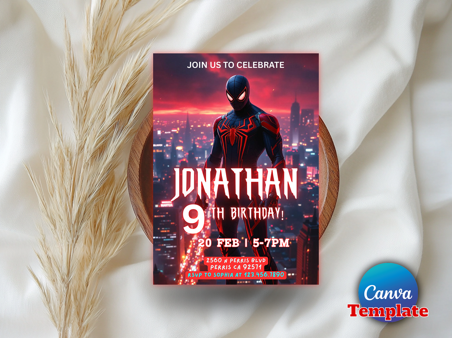 Editable Miles Morales Spider-Man 9th Birthday Invitation Canva Template