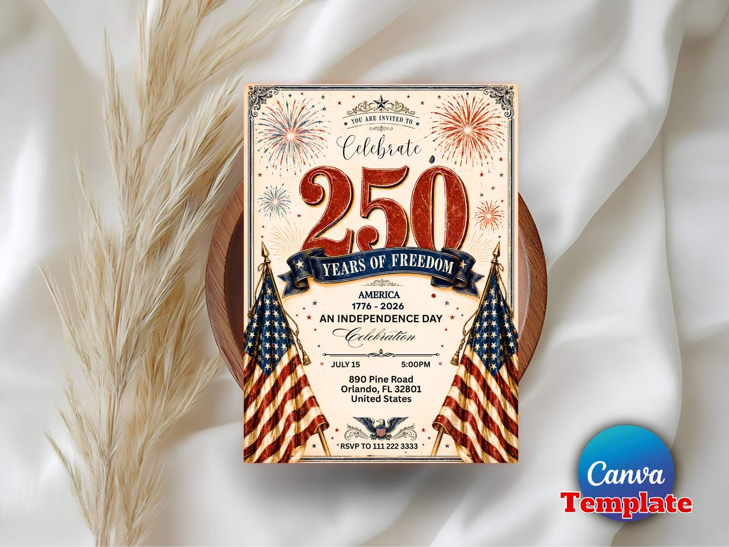 America 250 Party Invite, 4th of July Invitation, Patriotic BBQ, 250 Years of Freedom Celebration, Editable Canva Template