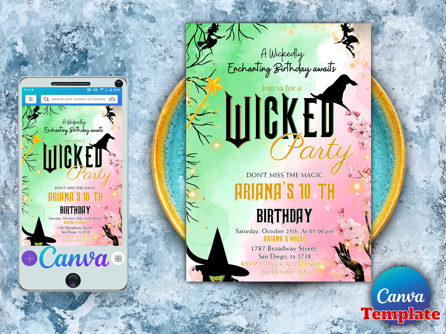 Wicked 10th Birthday Invitation Template – Enchanting Witch Theme Party Invite Editable