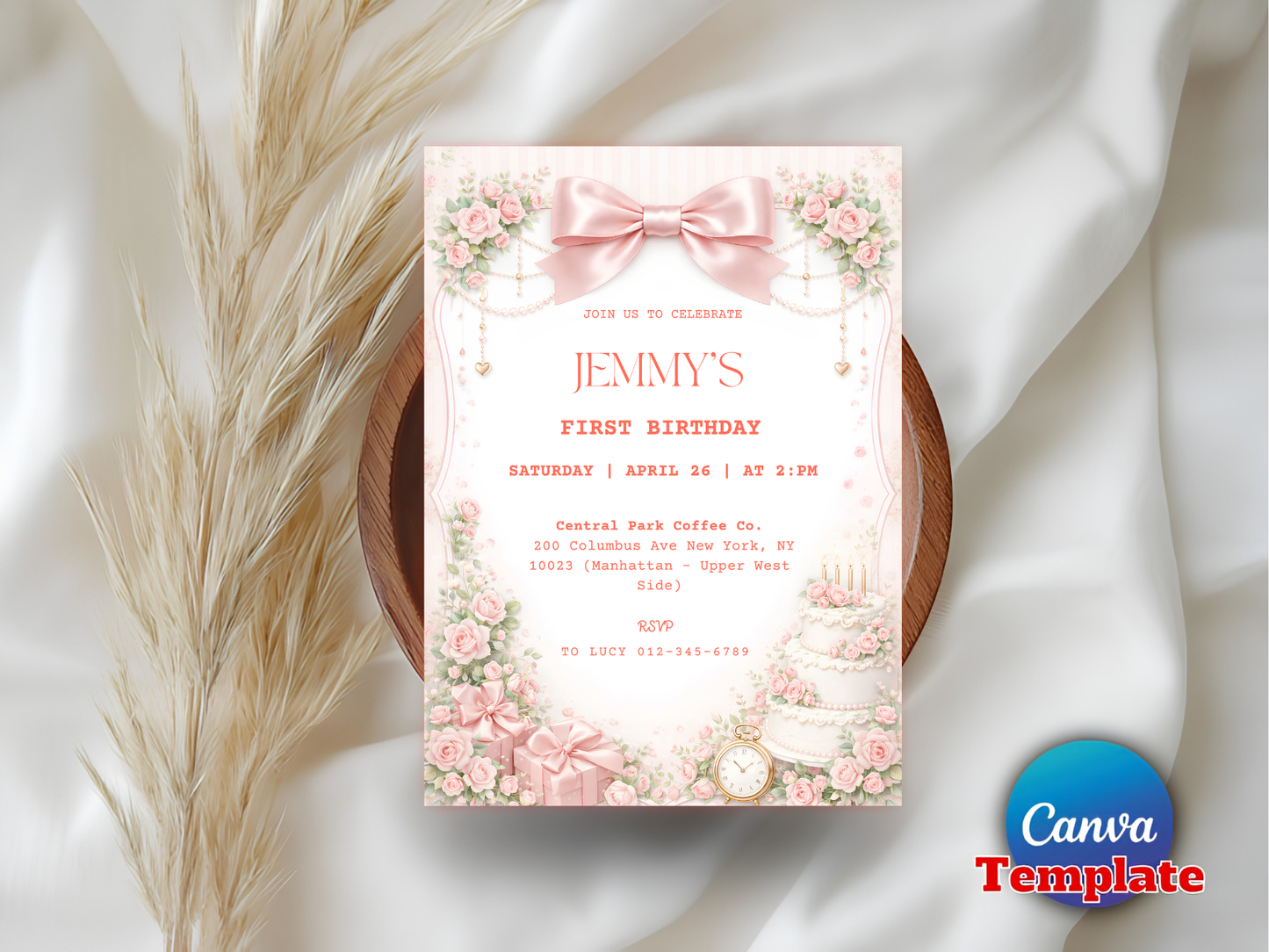 Editable Elegant Pink Rose 1st Birthday Invitation Template | Coquette Pink Bow Party Invite (Degital Template)