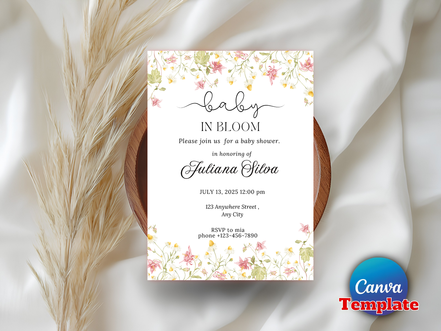 Editable Baby in Bloom Baby Shower Invitation, Wildflower Baby Shower Invite, Pink Spring Flowers Baby Shower Invitation, Canva Template