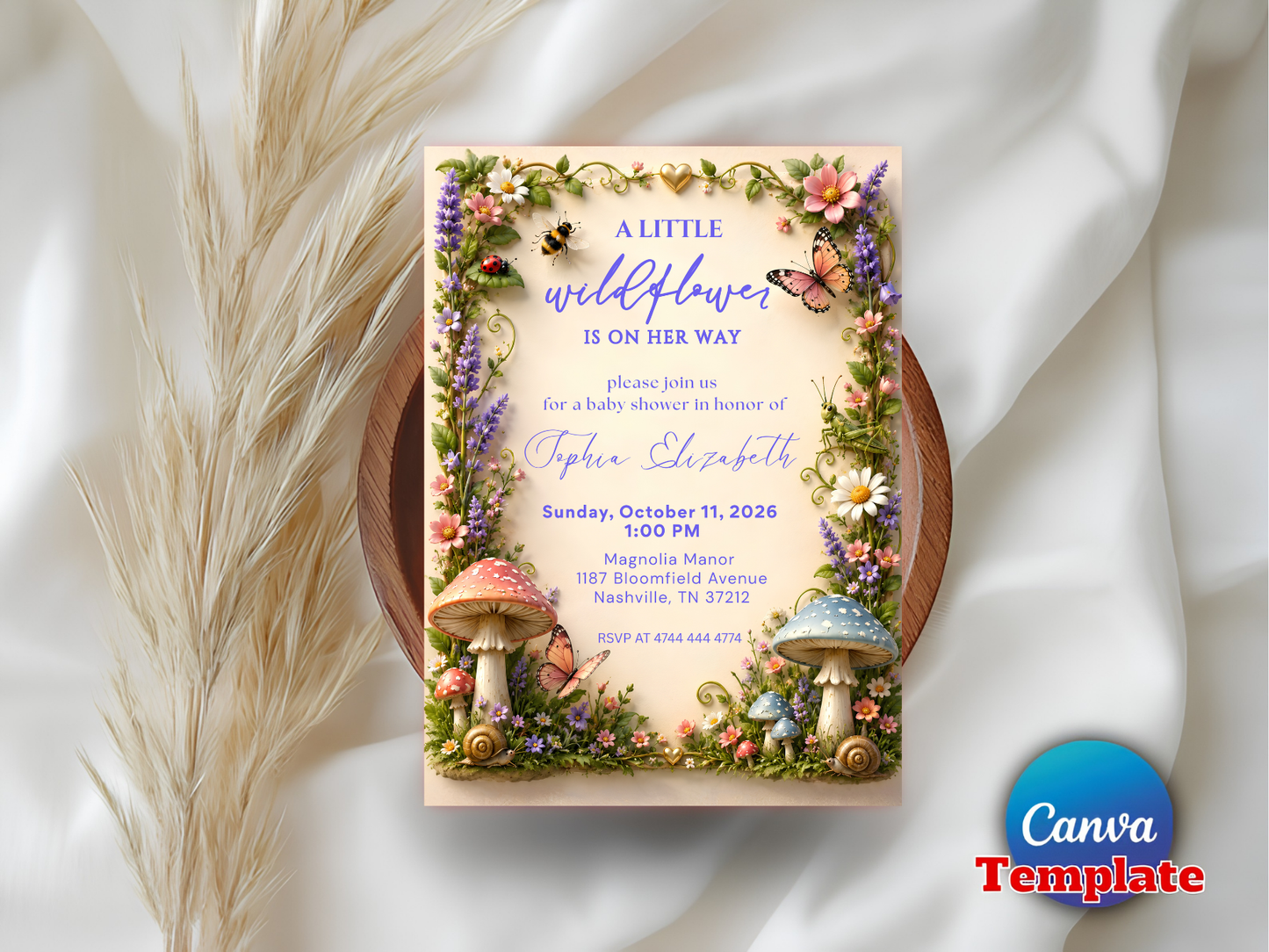 Love Bug Baby Shower Invitation, Spring Garden Shower Invite, Whimsical Floral Baby Shower Invitation, Editable Baby Shower Canva Template