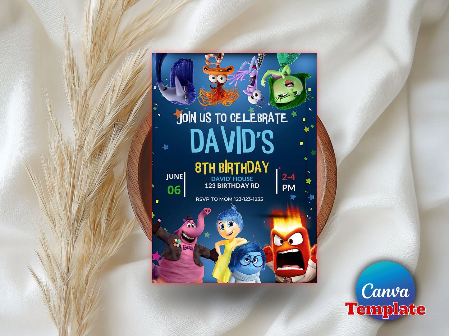 Inside Out Themed 8th Birthday Invitation Canva Template