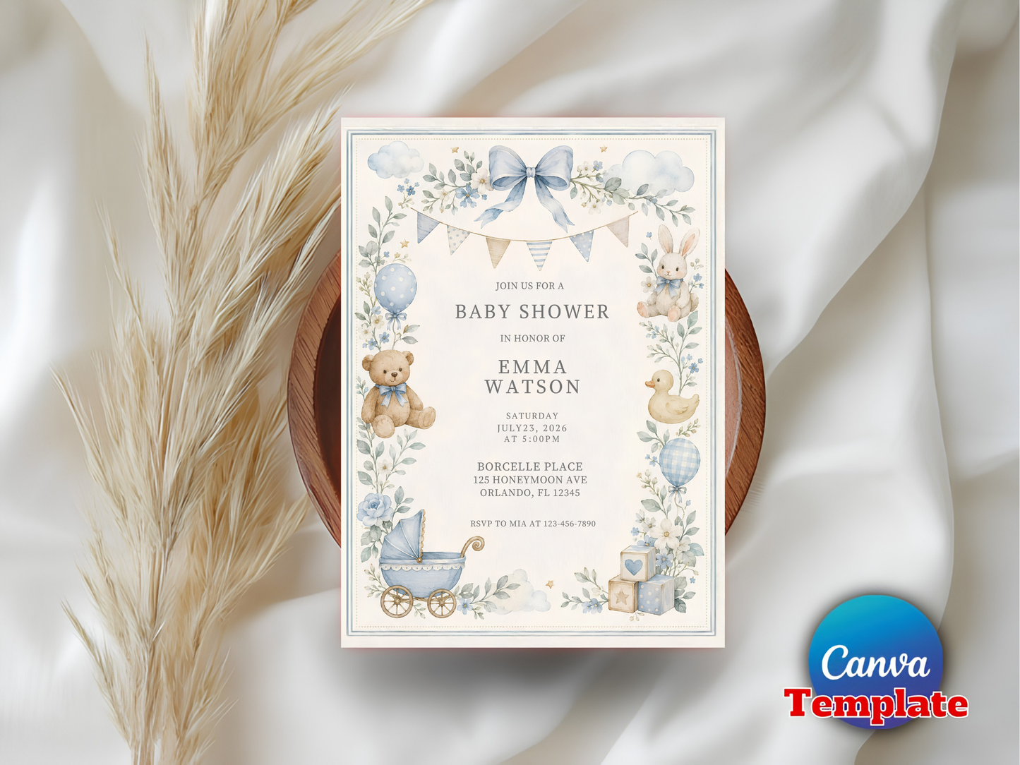 Blue Baby Shower Invitation Template, Vintage Nursery Toys Invite, Teddy Bear Rocking Horse, Floral Editable Printable Download