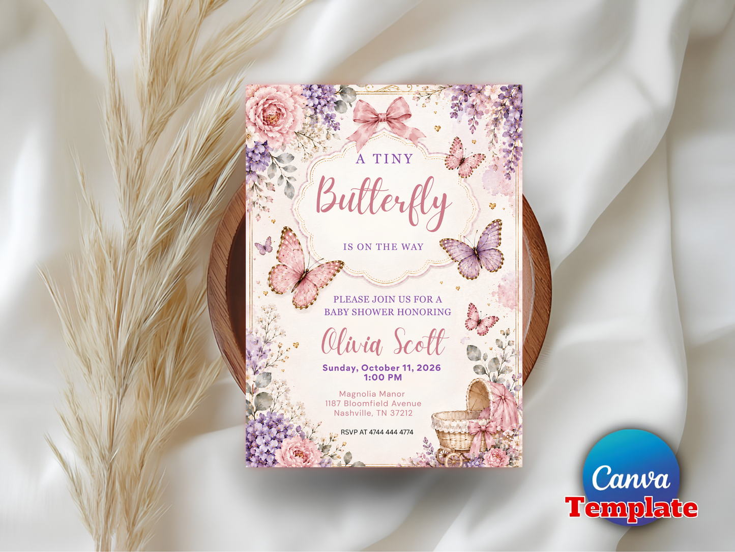 A Tiny Butterfly Baby Shower Invitation Canva Template, Floral Girl Shower Invite, Pink Purple Editable Butterfly Baby Shower Invitation