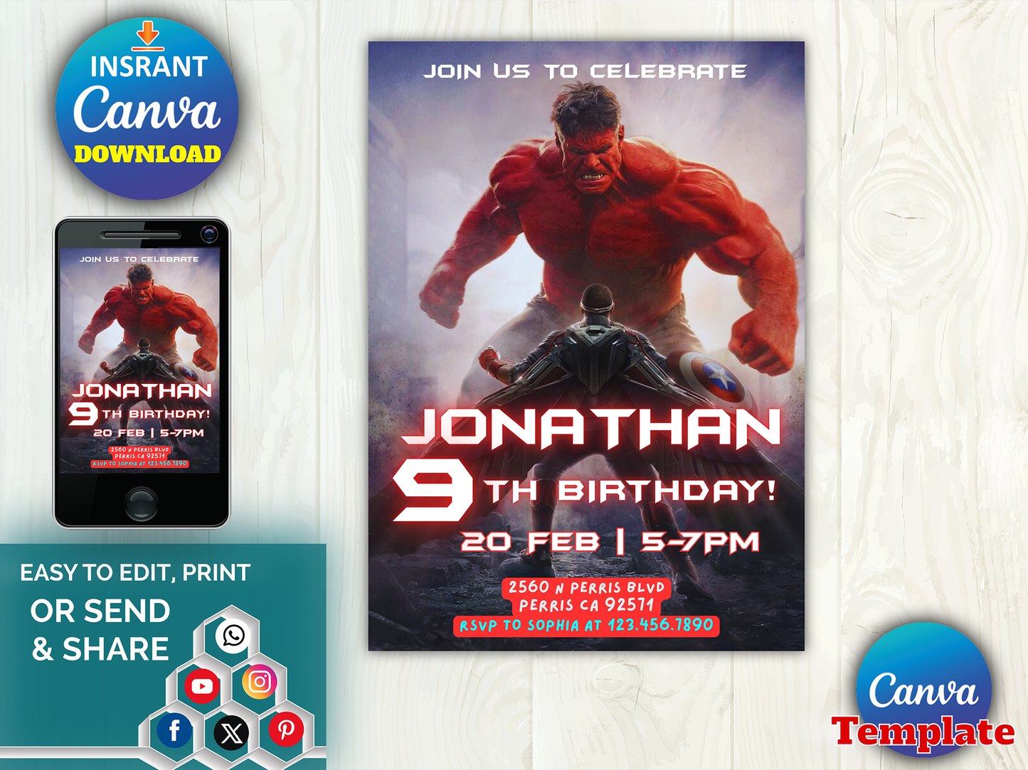 Red Hulk and Captain America Themed 9th Birthday Invitation Canva Template