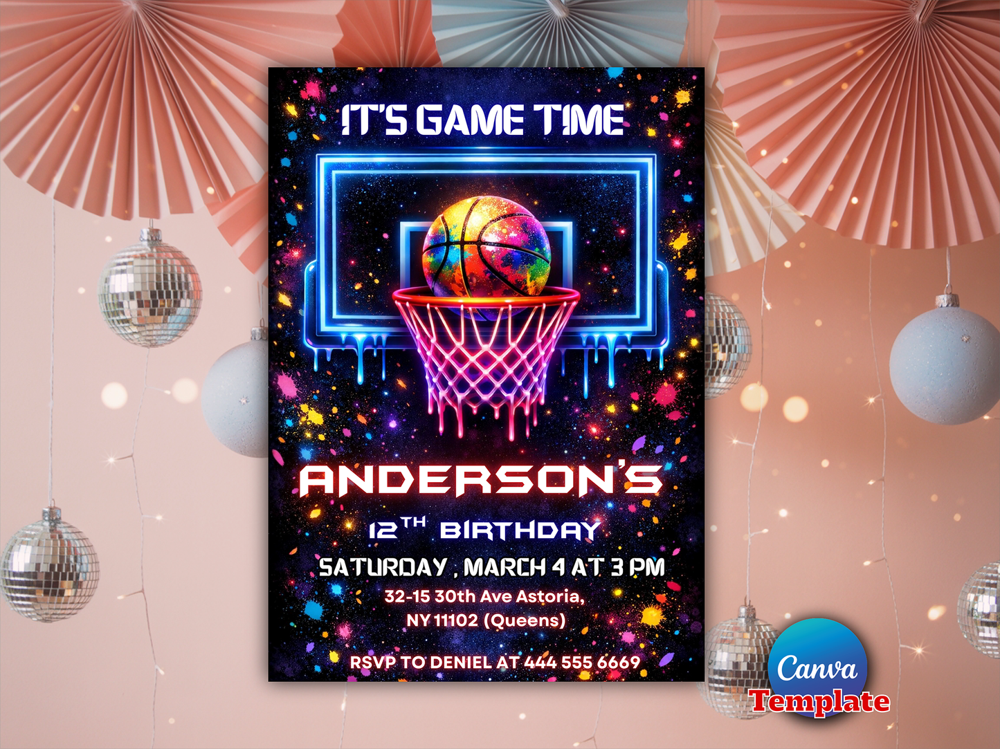 Basketball Birthday Invitation, Ice Cream Drip Neon Party