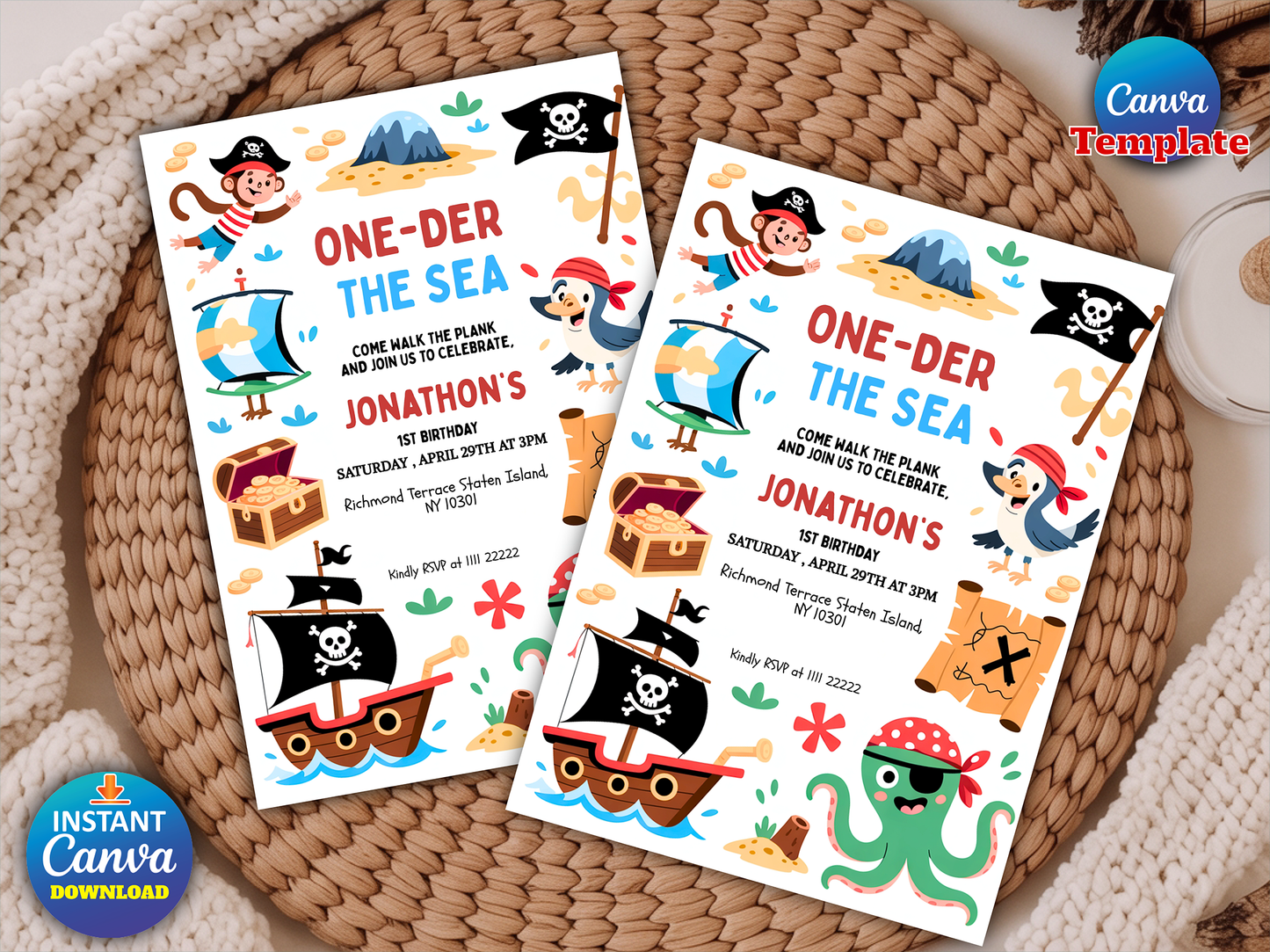 Editable One-der The Sea Pirate 1st Birthday Party Invitation