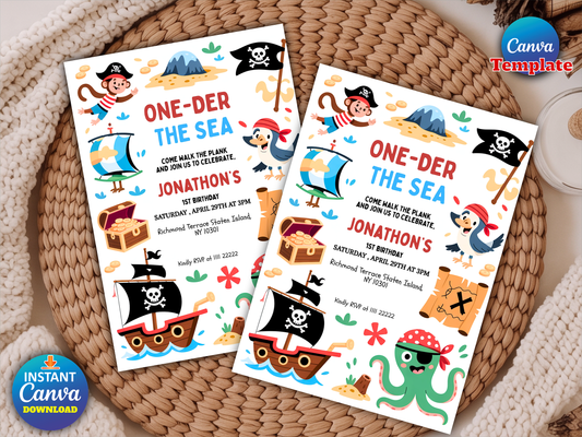 Editable One-der The Sea Pirate 1st Birthday Party Invitation