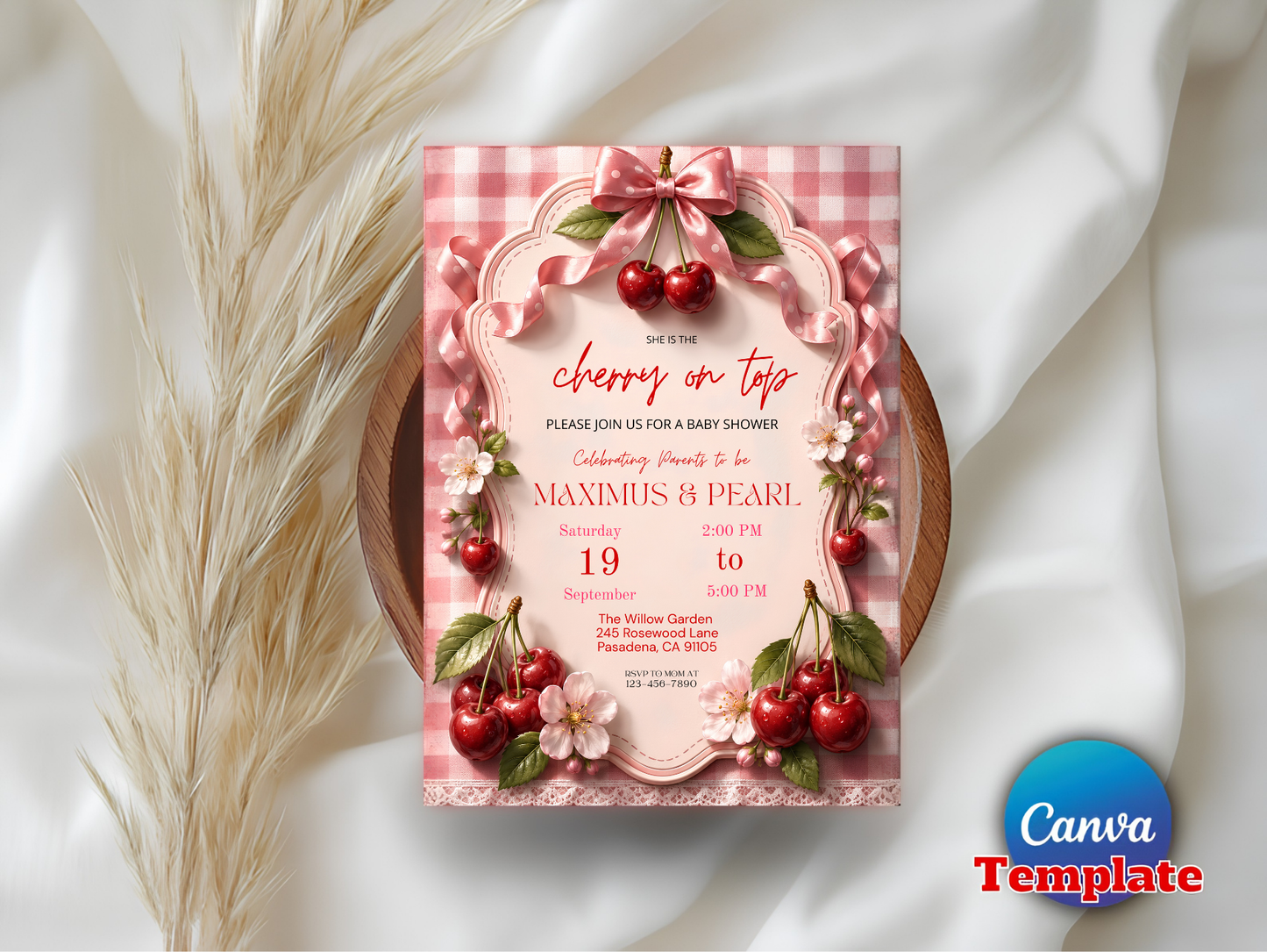 Editable She Is The Cherry On Top Baby Shower Invite | | Pink Gingham + Bow Canva Template (Digital Download)