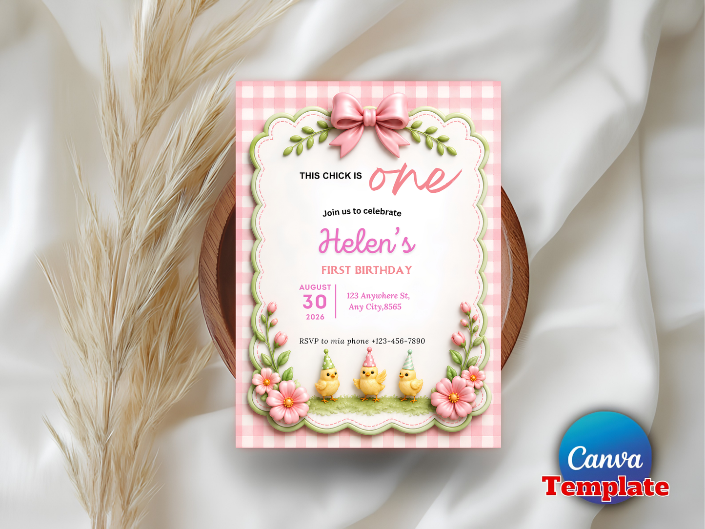 This Chick Is One Invitation – Baby Chick Girl 1st Birthday Editable Canva Template