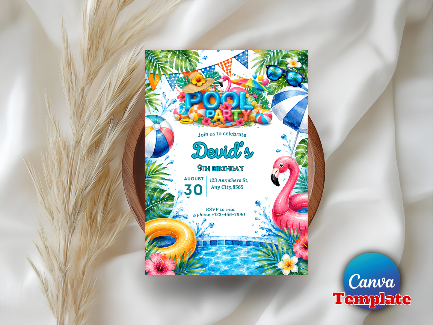 Pool Party Birthday Invitation, Pool Party Invite, Summer Pool Party, Pool Party Birthday, Teenage Birthday, Editable Canva Template