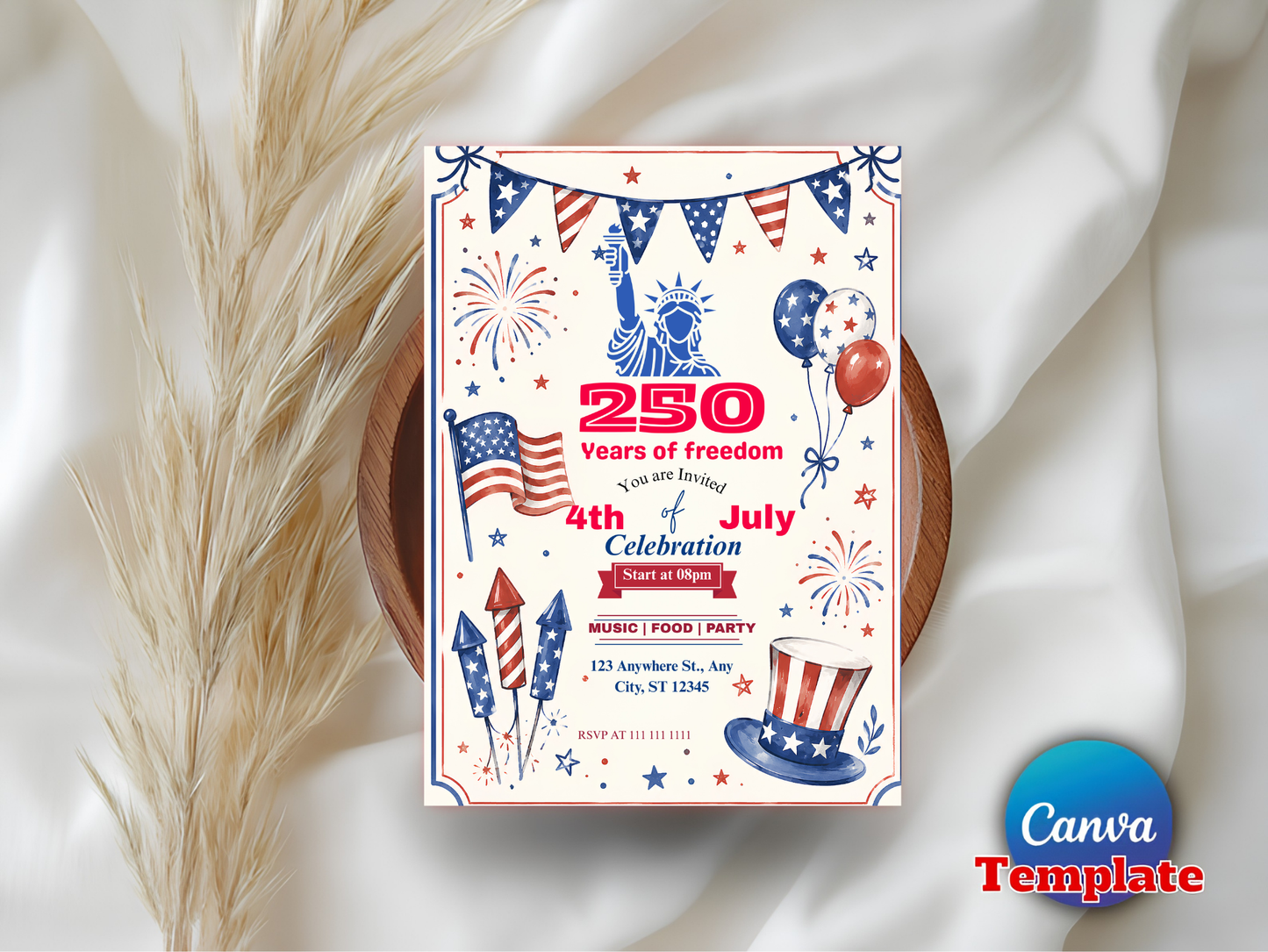 America 250th Anniversary Invitation Template, 4th of July Party Invitation, USA Patriotic Red White Blue BBQ Invite Editable Canva Invite