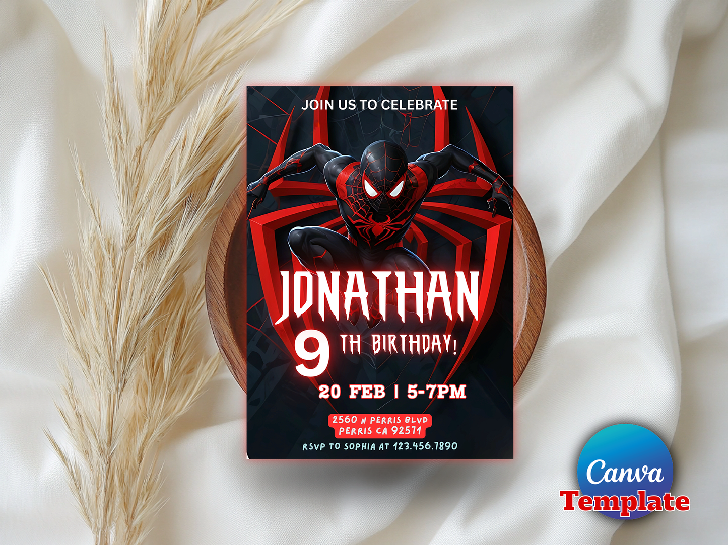 Spider-Man Miles Morales Themed 9th Birthday Invitation Canva Template