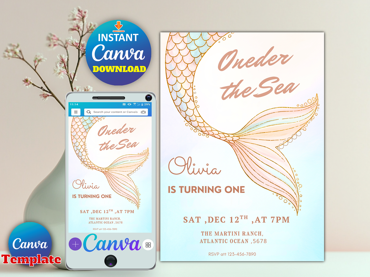 Editable Mermaid ONEder The Sea 1st Birthday Invitation