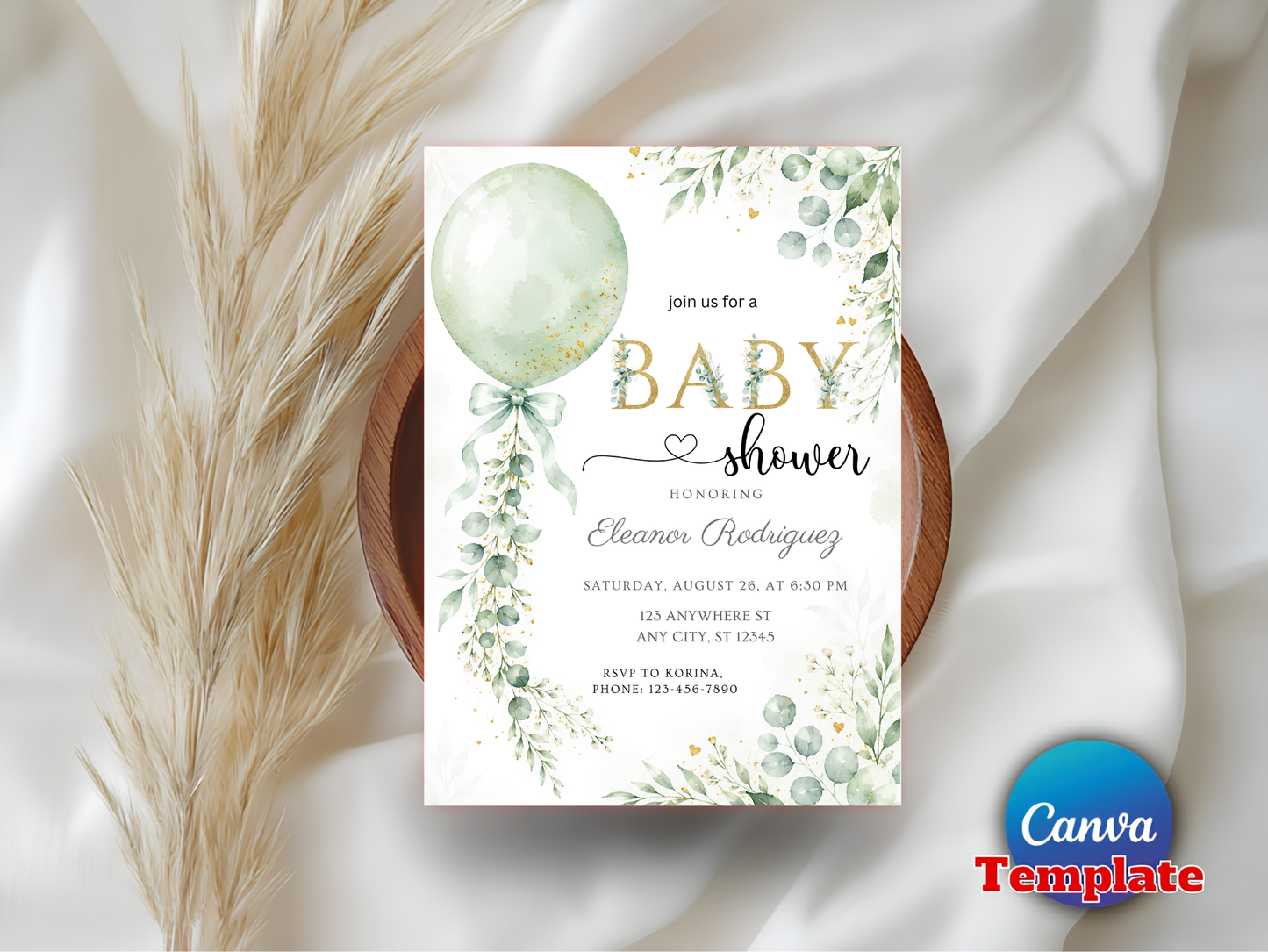 Greenery Baby Shower Invitation Editable Template, Sage Green Balloon Eucalyptus Invite, Gold Glitter Baby Shower, Canva Template
