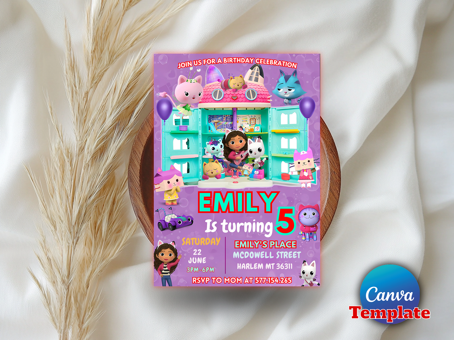 Gabby's Dollhouse Theme 5th Birthday Invitation Canva Template Printable