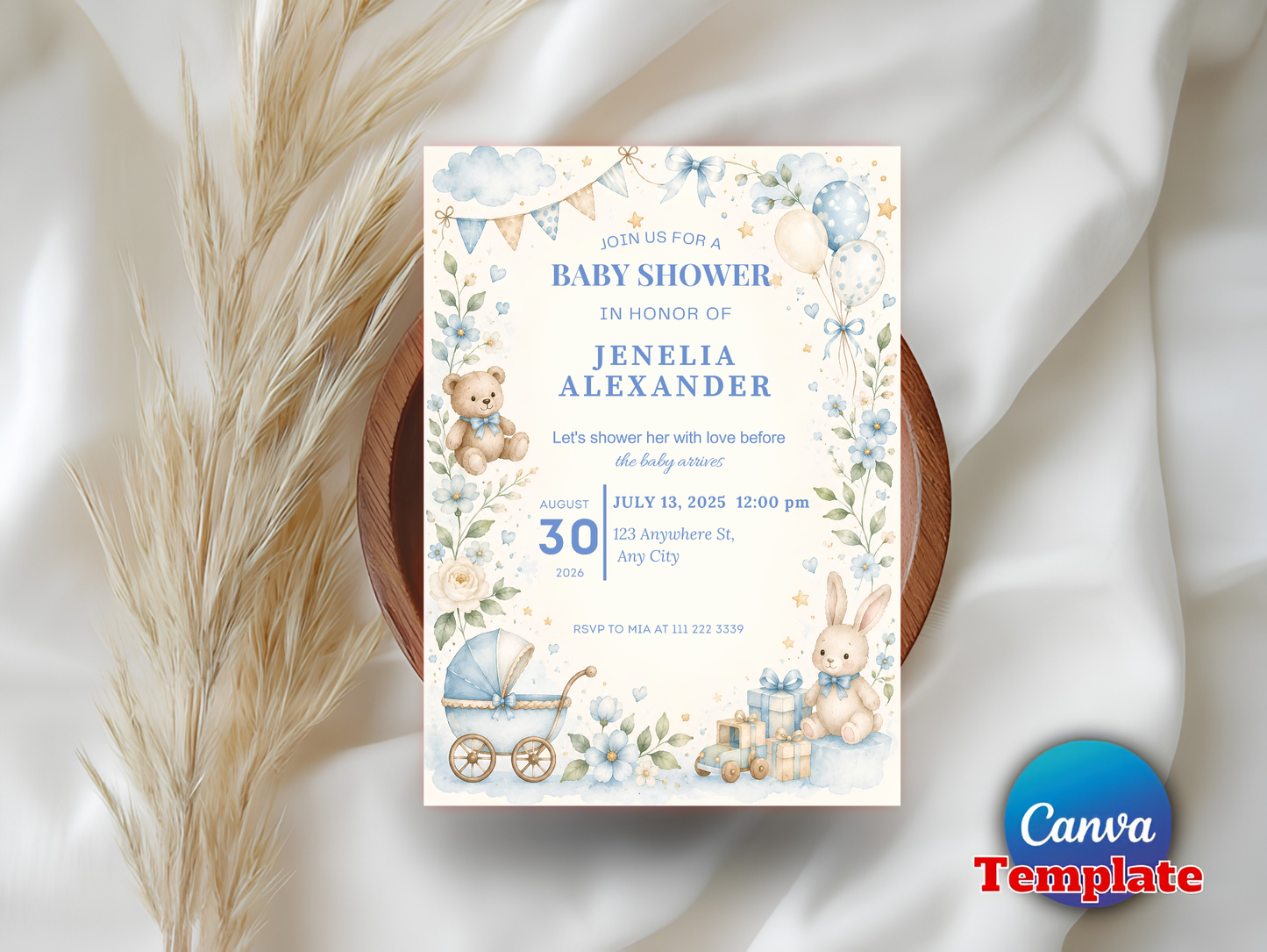 Blue Baby Shower Invitation Template, Vintage Nursery Toys Invite, Teddy Bear Rocking Horse, Floral Editable Printable Download