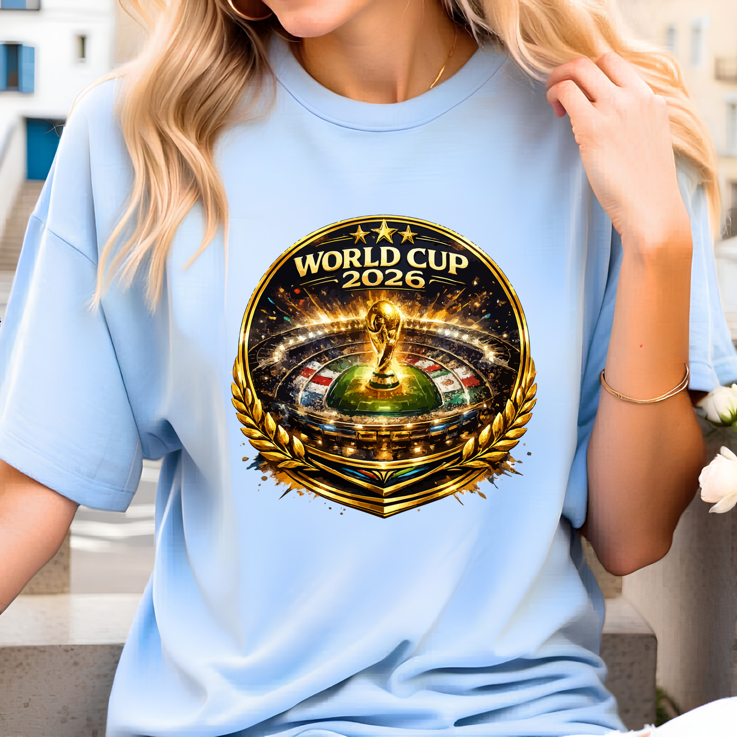 FIFA World Cup 2026 Golden Stadium Emblem Black Graphic T-Shirt (physical)