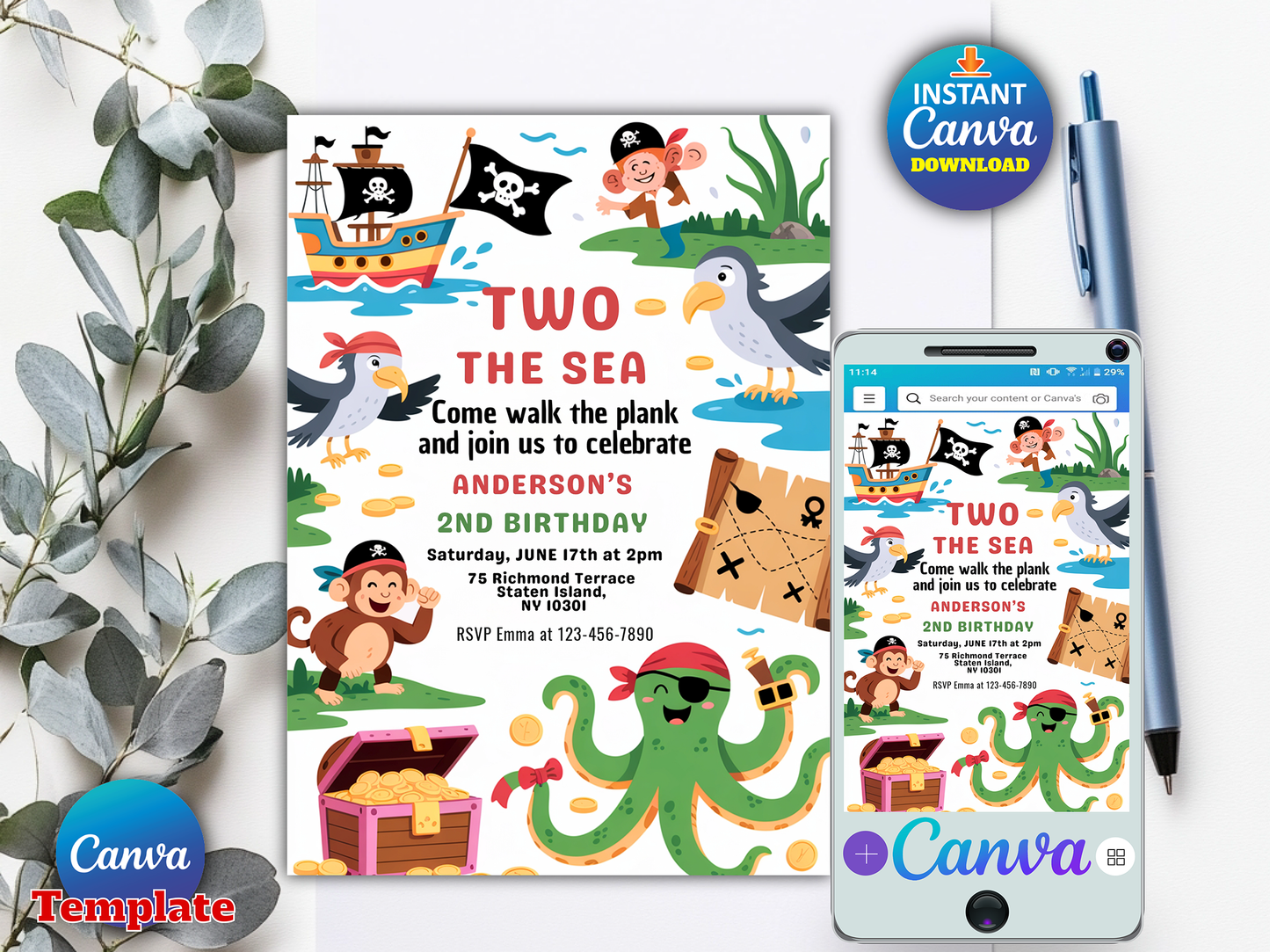 Editable Two The Sea Pirate 2nd Birthday Party Invitation