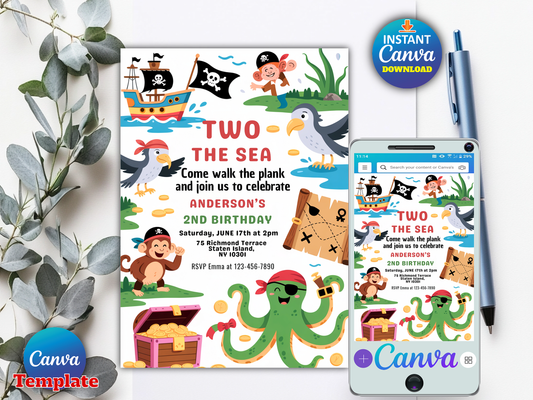 Pirate Two the Sea second birthday invitation Canva template printable digital download