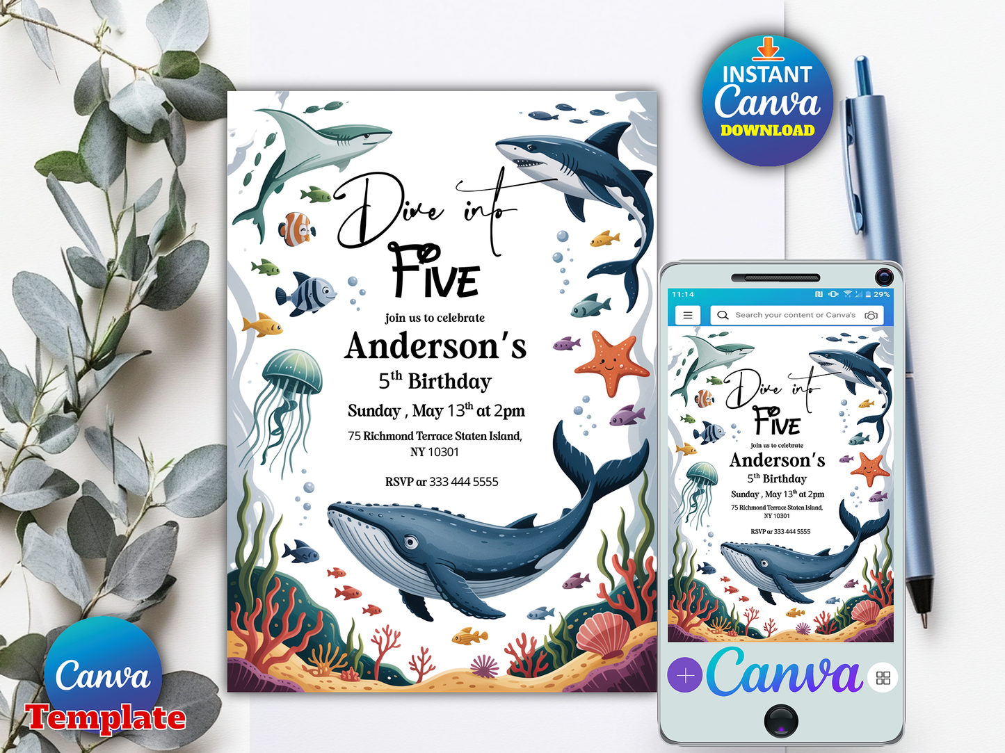 Editable Under the Sea Dive Into Five 5th Birthday Party Invitation