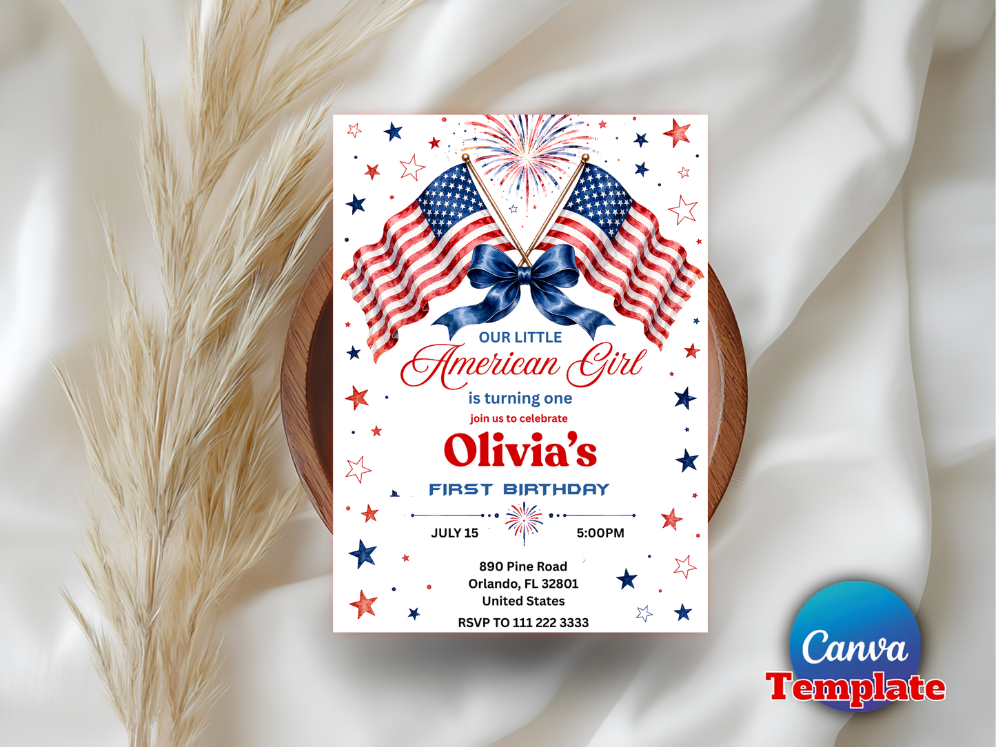 Our Little American Girl 1st Birthday Invitation Template | Editable Canva Patriotic Party Invite 🇺🇸