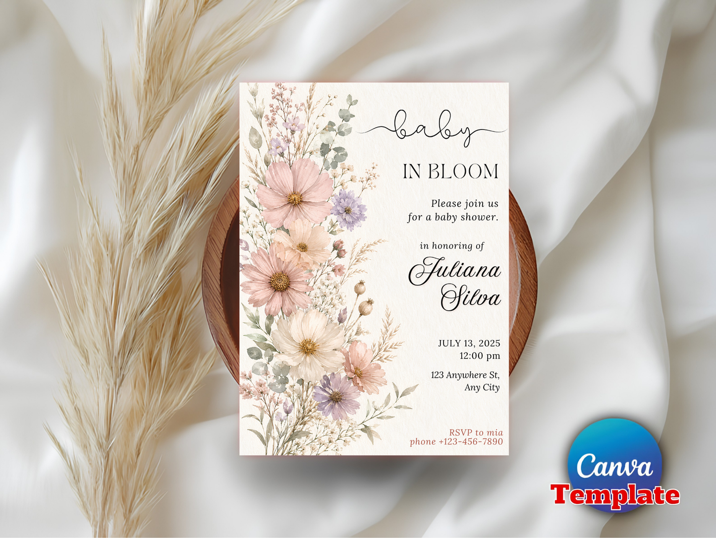 Baby in Bloom Invitation, Wildflowers Baby Shower Invitation, Purple Pink Flower Invitation,Wild Flower Invite, Floral Baby Brunch Invite