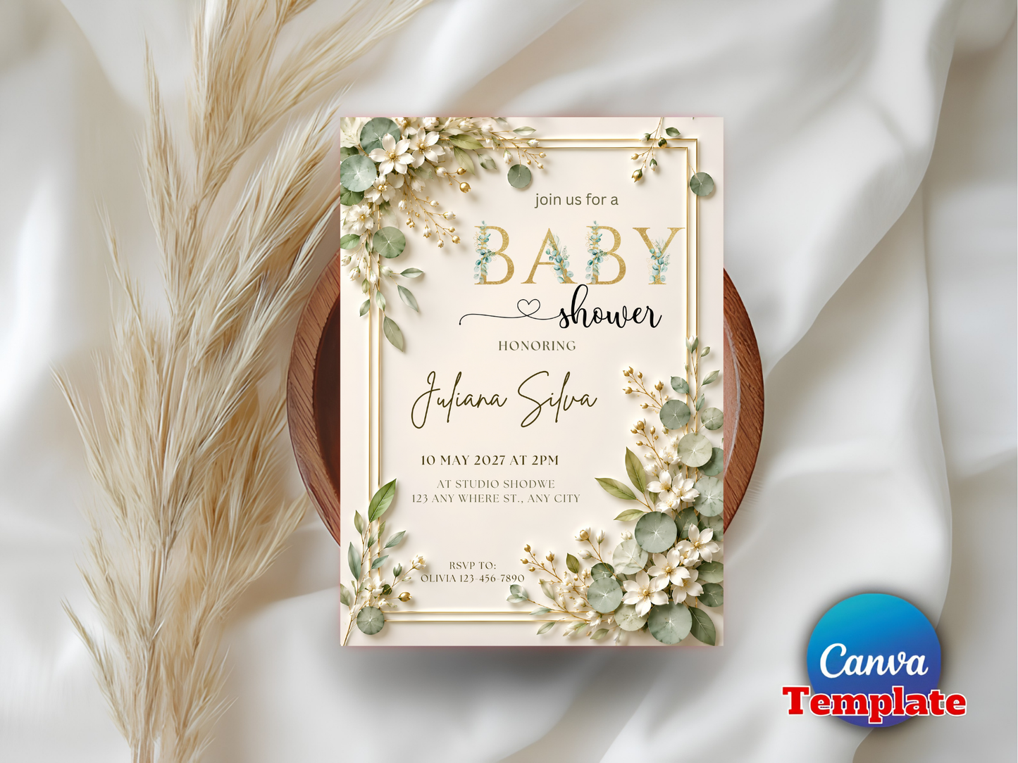 EDITABLE Elegant Baby Shower Invitation Green Leaves and Gold Baby Invite White Flowers Baby Shower Simple Baby Shower Invitation