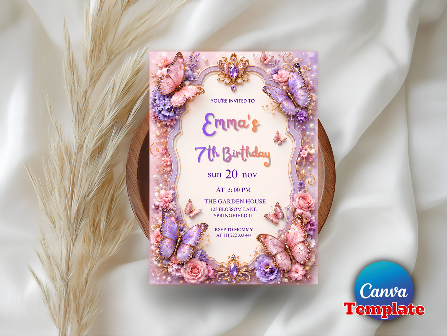 Butterfly Birthday Invitation Template, Floral Editable Invite, Girl Birthday Party Canva Template, Purple Pink, Instant Download