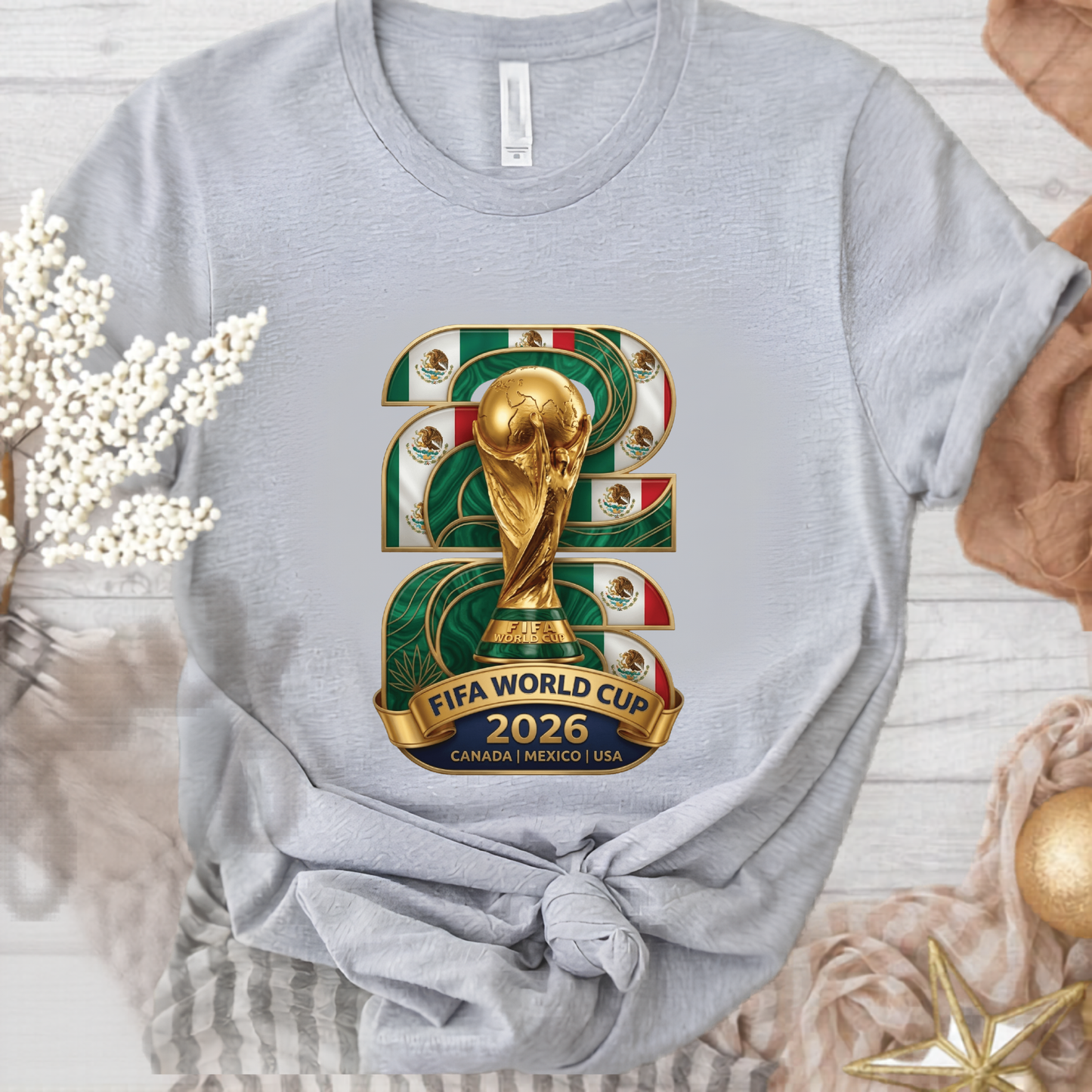 FIFA World Cup 2026 Gold Trophy Mexico Emblem White T-Shirt (physical)