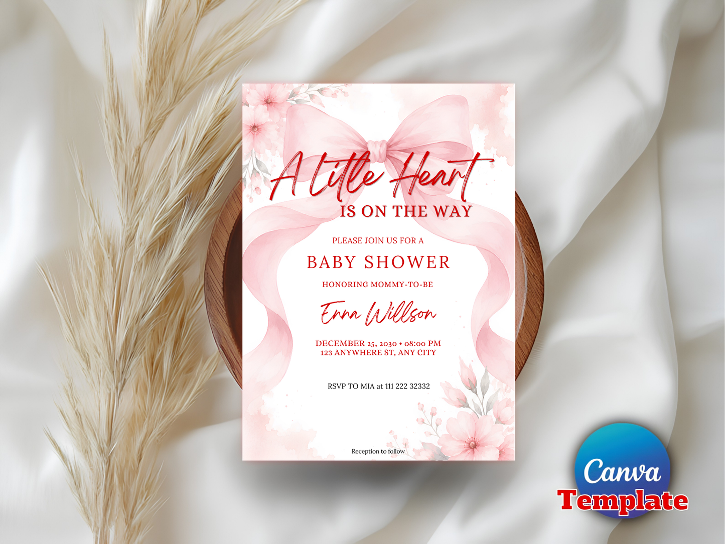 Pink Bow Baby Shower Invitation Template 5x7 | Baby Girl Shower Canva Invite Coquette Bow Baby Shower | Editable Text Only Instant Download