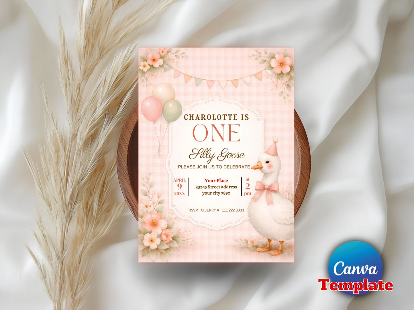 Editable Pink Gingham Silly Goose 1st Birthday Invitation Template