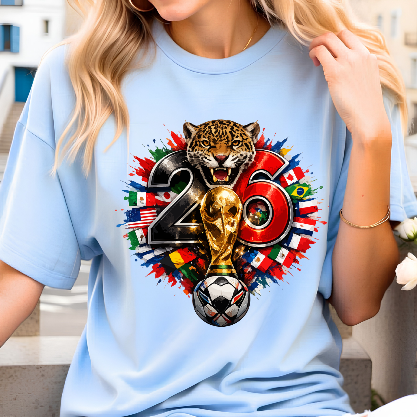Fierce 2026 World Cup Jaguar Mascot T-Shirt - Global Flags & Trophy Soccer Fan Graphic Tee(physical)