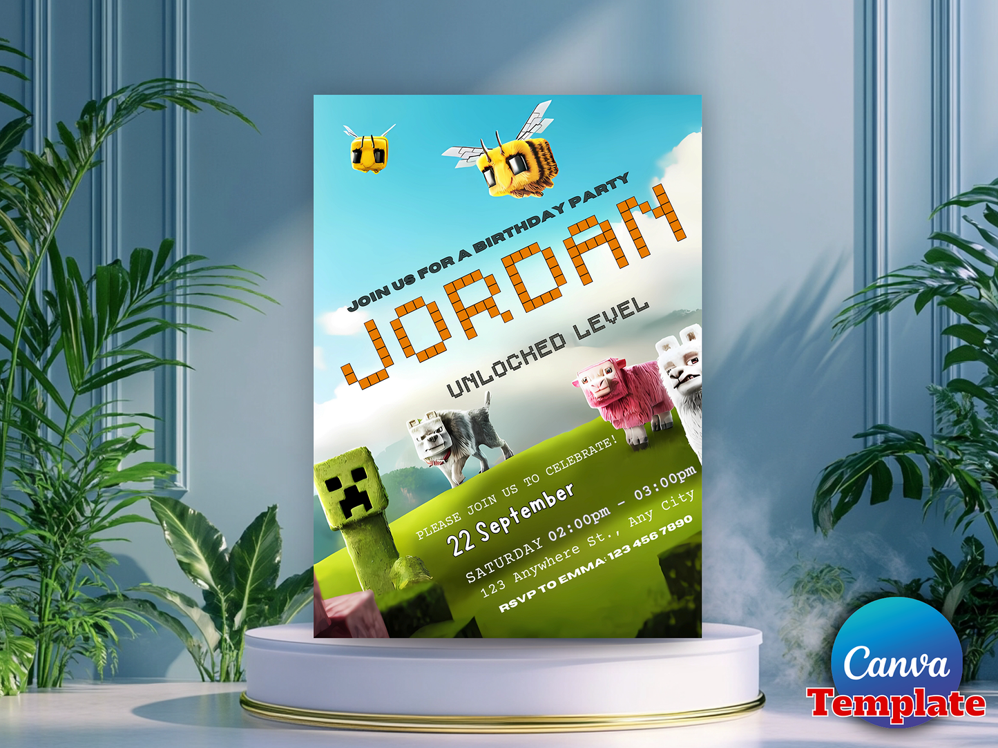 Minecraft Unlocked Level Theme Birthday Invitation Canva Template
