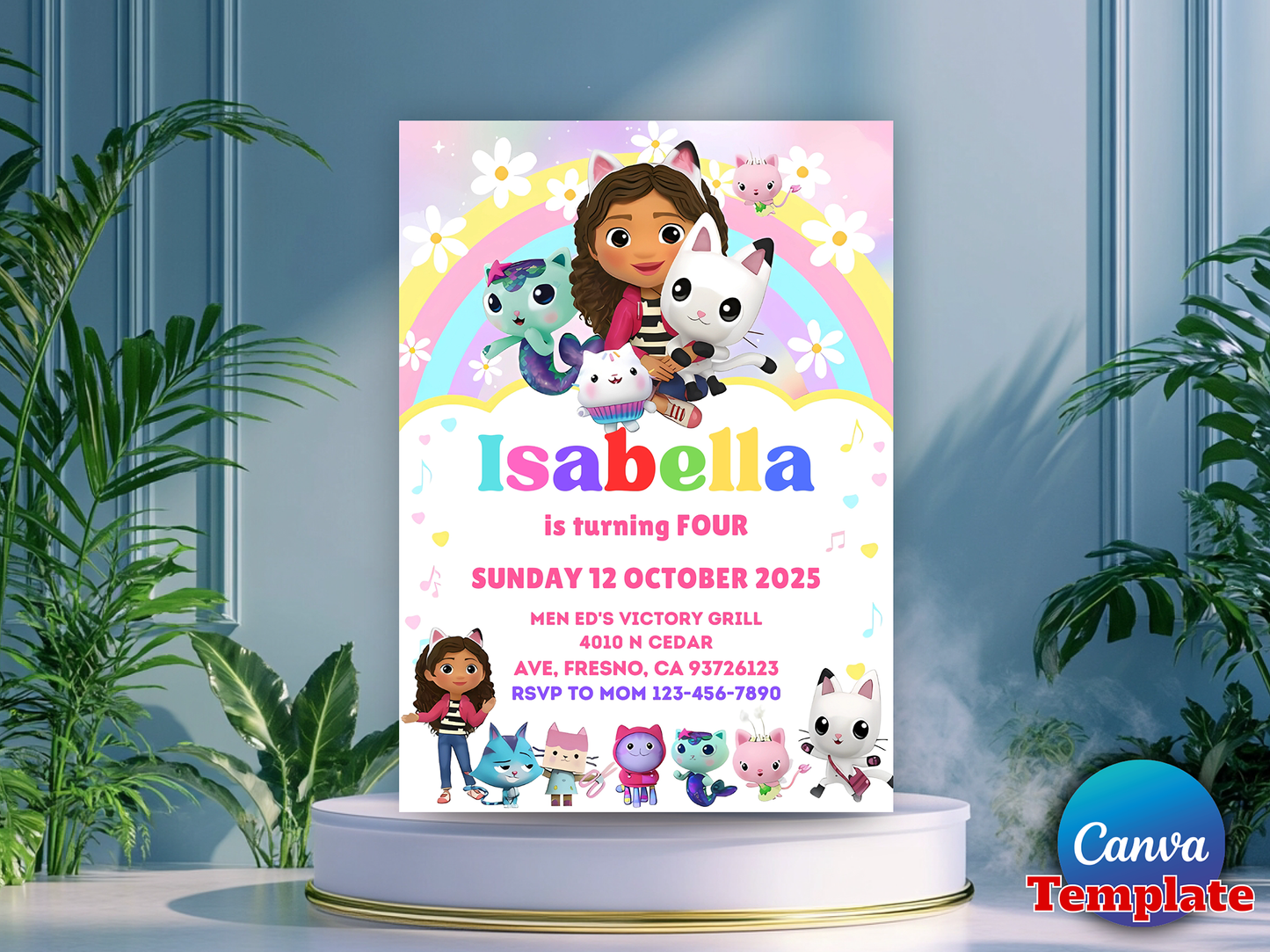 Gabby's Dollhouse Themed 4th Birthday Invitation Canva Template