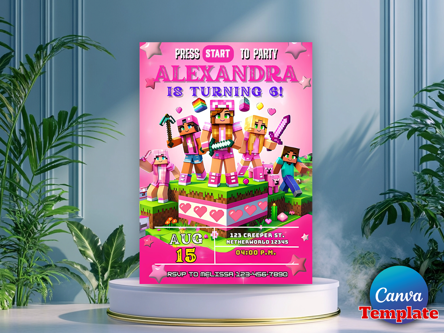 Pink Minecraft Girls Birthday Invitation Template - Editable Canva Digital Download