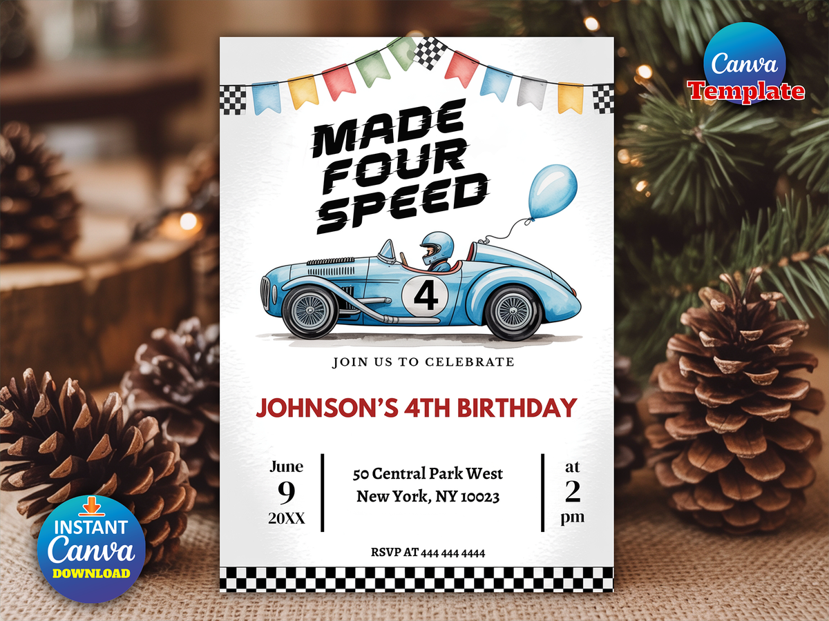 Boy Vintage Blue Race Car 4th Birthday Party