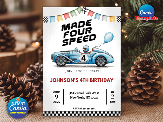 Boy Vintage Blue Race Car 4th Birthday Party