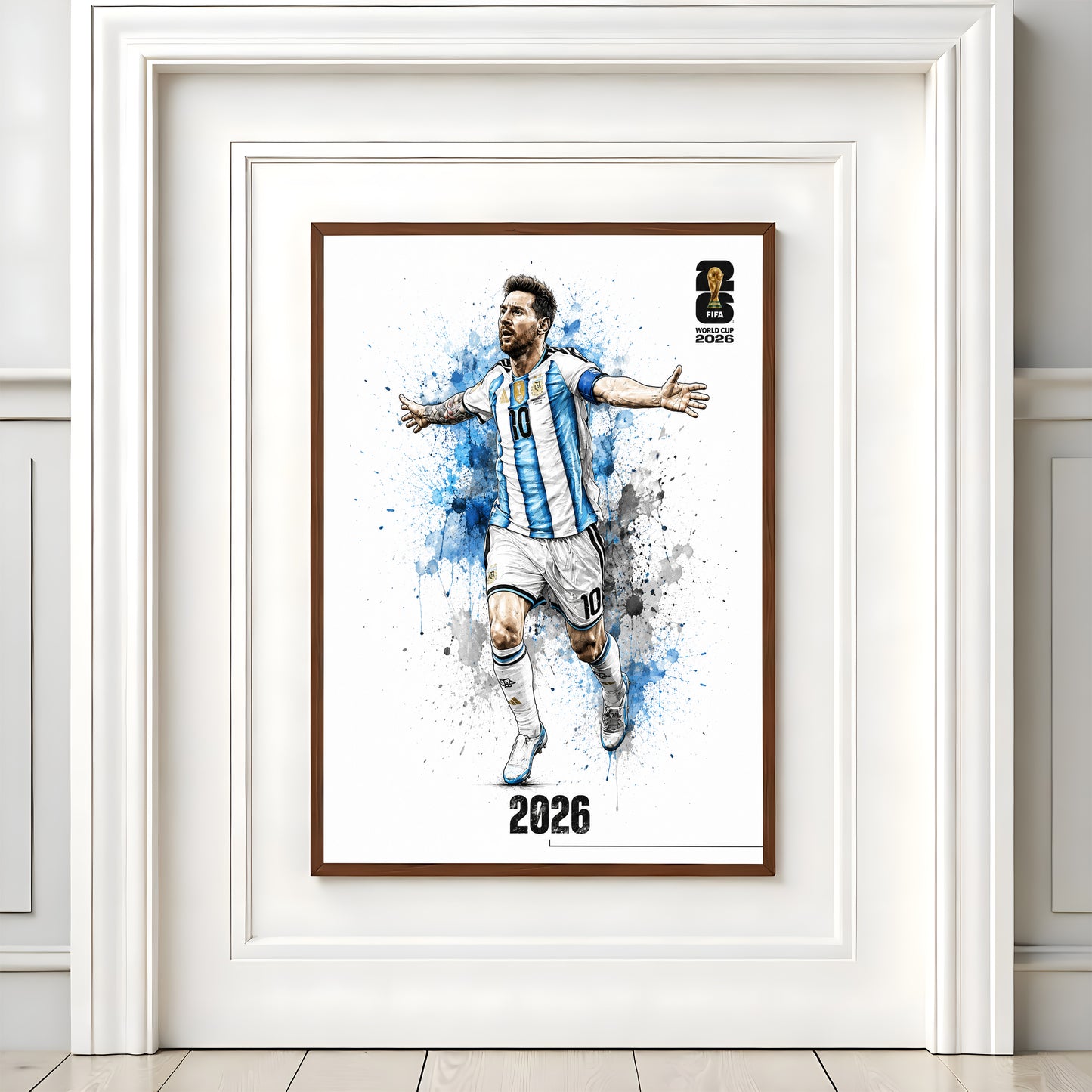 Lionel Messi Argentina 2026 World Cup Poster Arms Outstretched Watercolor Football Wall Art (Printable+Physical)
