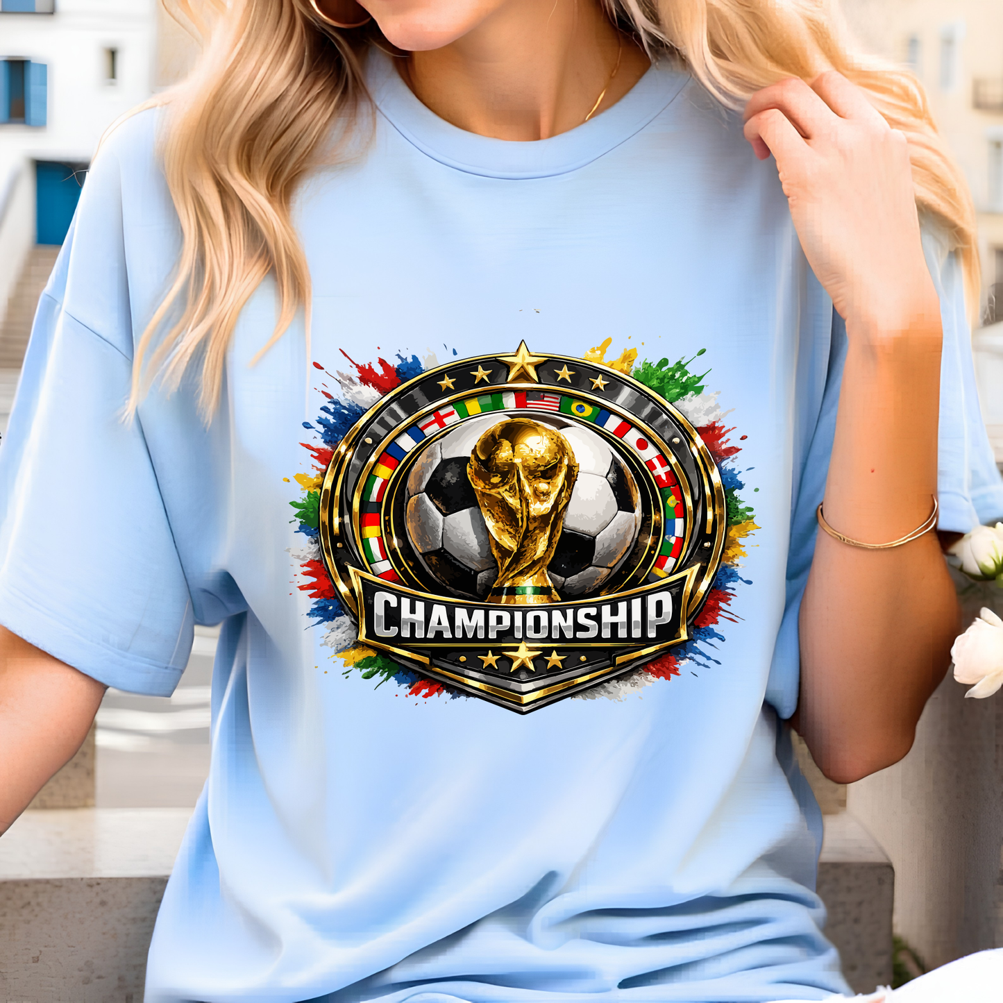 World Cup Soccer Championship Gold Emblem T-Shirt - Global Football Fan Graphic Tee (physical)